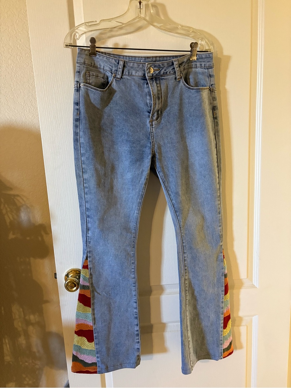 Pink Lily Light Blue Bootcut Jeans with Multicolor Stripe Inset